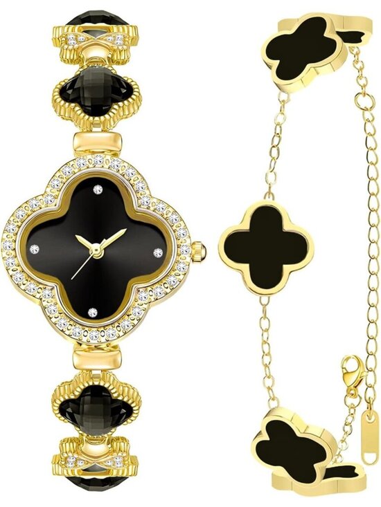 Accessories - Women's Black Gold Lucky Clover Flower Design Four Leaf Bracelet Set Wrist Watch